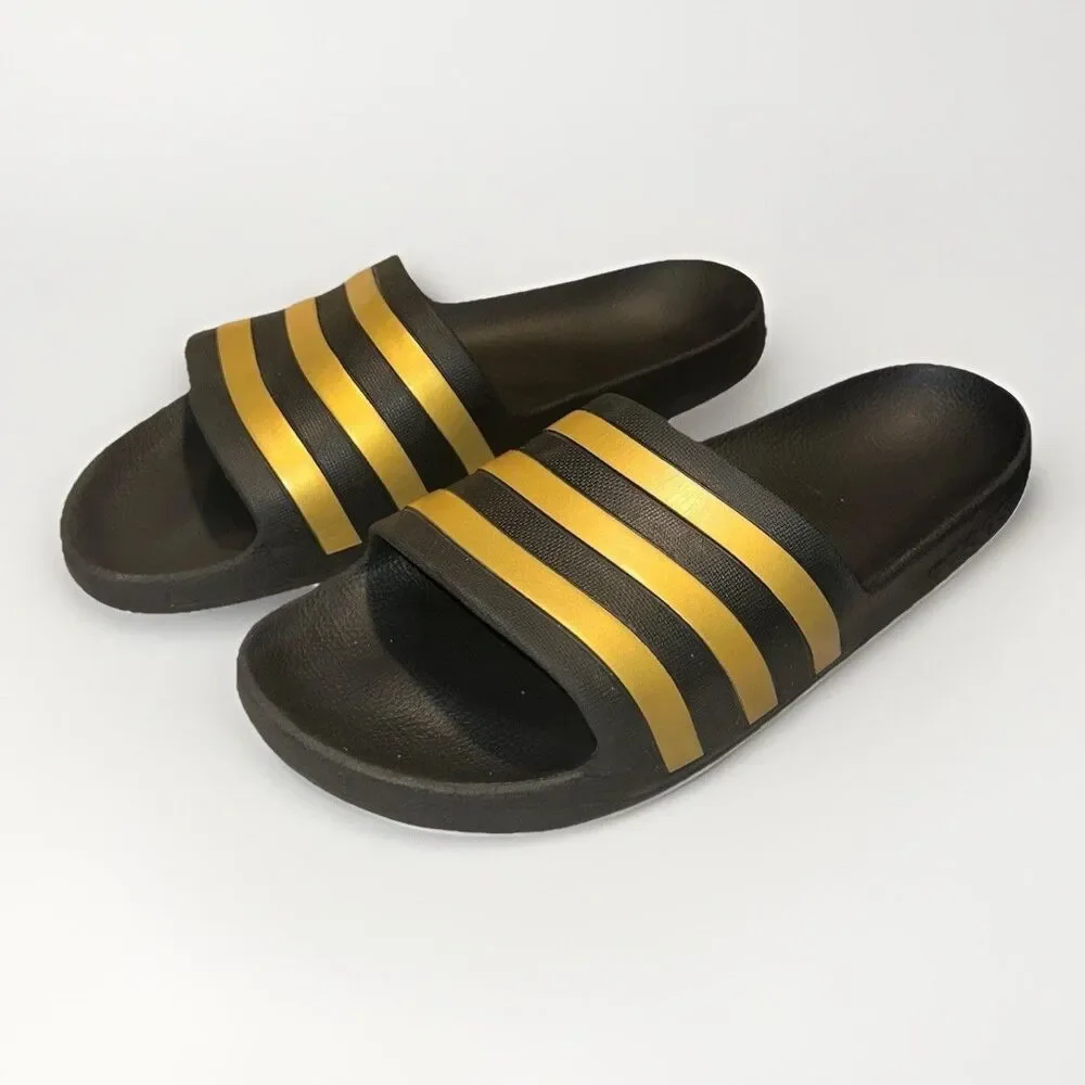 Adidas Adilette Aqua Slides Mens Size 12 Sandal Shoe Black/Gold Metallic EG1758